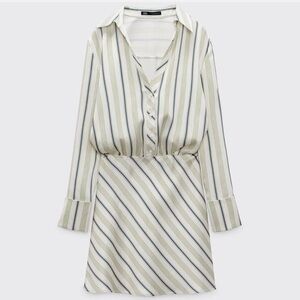 Zara Short Striped Collared Satin Shirt Dress Size S